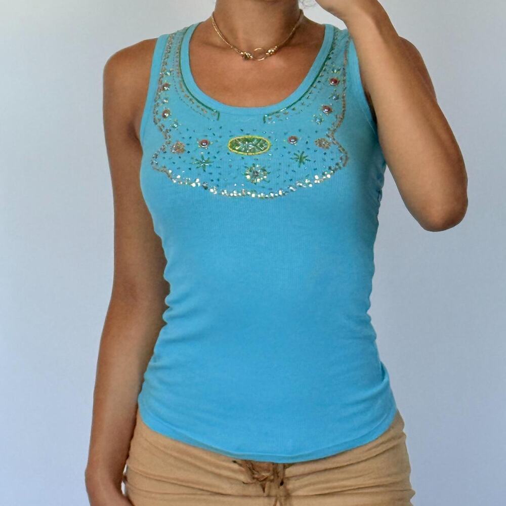 Blue Embellished Tank Top S